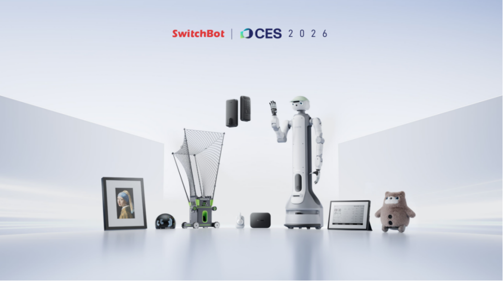 SwitchBot präsentiert weiße onero H1 Haushaltsroboter mit KI auf der CES 2026, umgeben von weiteren Geräten und Gadgets wie Robotikarmen und Lock Vision Sicherheitslösungen