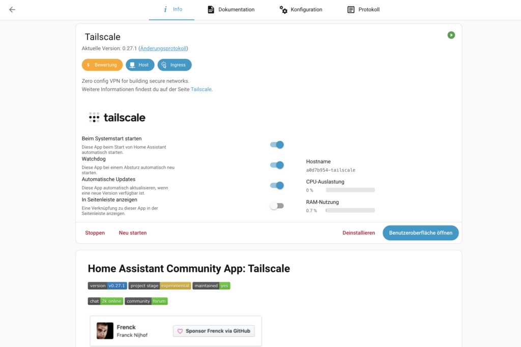 Screenshot der Tailscale-Benutzeroberfläche mit weißen Hintergrund, blauen Toggle-Schaltern und Informationen zu Start, Hostname und RAM-Nutzung, verbunden mit Home Assistant