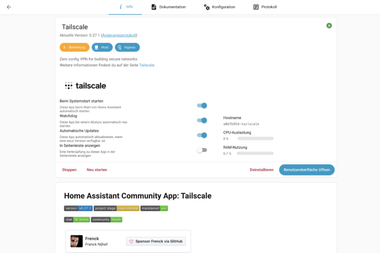 Screenshot der Tailscale-Benutzeroberfläche mit weißen Hintergrund, blauen Toggle-Schaltern und Informationen zu Start, Hostname und RAM-Nutzung, verbunden mit Home Assistant