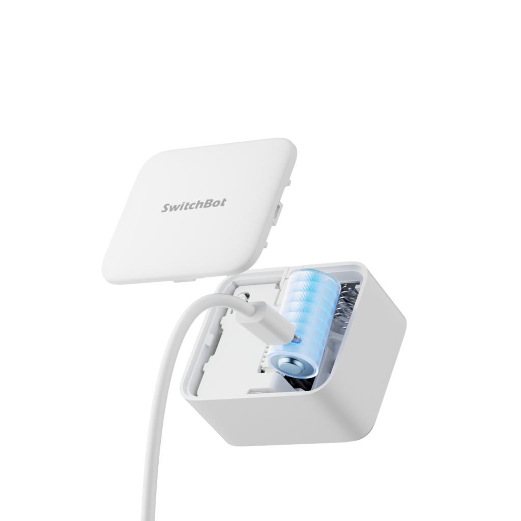 SwitchBot Wiederaufladbarer Bot mit geöffnetem Gehäuse: integrierter Lithium-Ionen-Akku, blaues Akkuelement und Mechanik im weißen Gehäuse