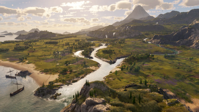 Landschaft der Vulkaninsel Cinis aus Anno 117: Pax Romana – Die Verheißung des Vulkans, mit Fluss, Küstenlinie, grünem Terrain, Bergen und Segelschiffen.