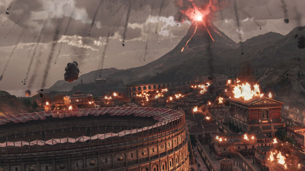 Szene aus Anno 117: Pax Romana – Vulkaninsel Cinis dominiert eine brennende antike Stadt mit Lava, Feuer und einer imposanten Arena im Vordergrund