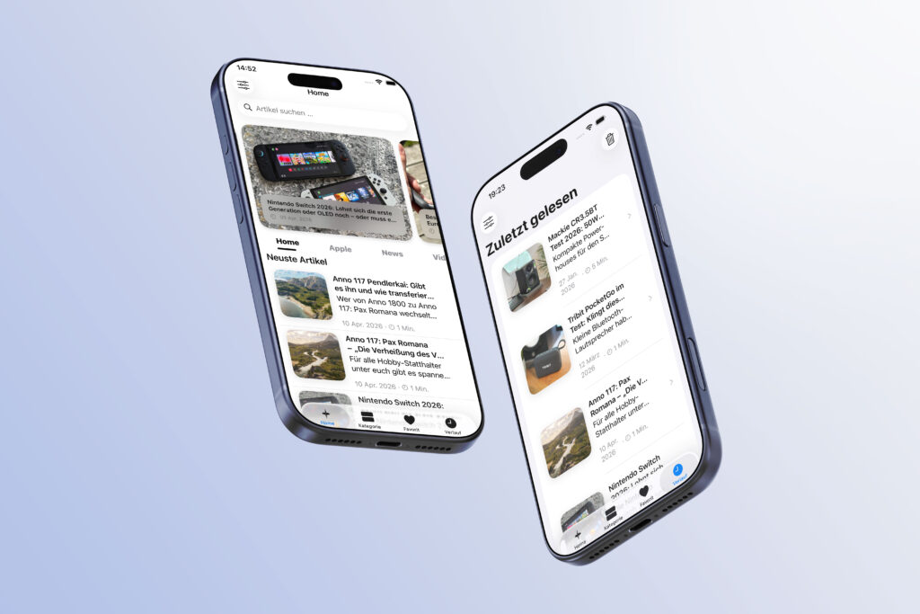 Auf zwei iPhone 17 Pro Max ist die FirstReview App im Liquid-Glass-Design zu sehen, mit „Zuletzt gelesen“ und aktualisiertem Home-Bildschirm.