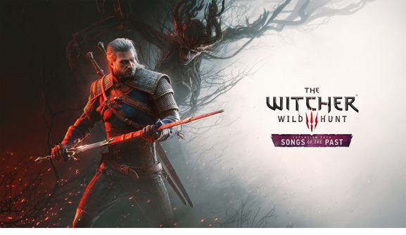 Geralt von Riva steht mit gezogenem Schwert vor dem Logo von The Witcher 3: Wild Hunt – Songs of the Past, umgeben von dunklen, nebligen Ästen.