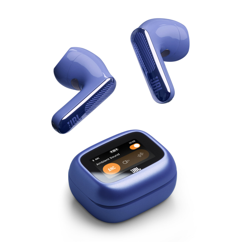Blaue JBL Live Flex 4 In-Ears mit Smart Charging Case und Display; Blick auf „ANC“ und die Benutzeroberfläche des Case.
