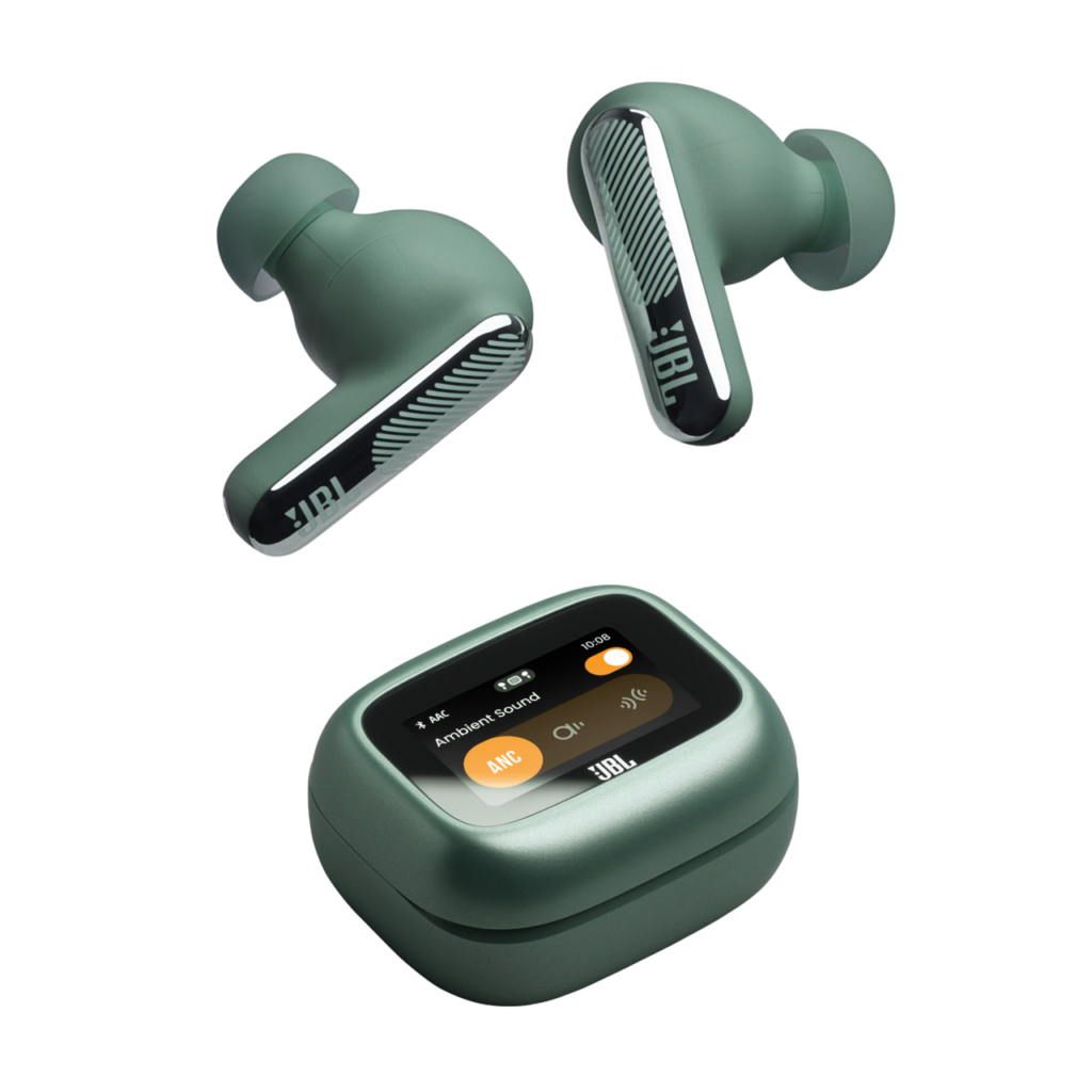 Grüne JBL Live Beam 4 In-Ears mit Stick-Design und Smart Charging Case mit Display; auf der Oberfläche sind ANC und Ambient Sound zu sehen.