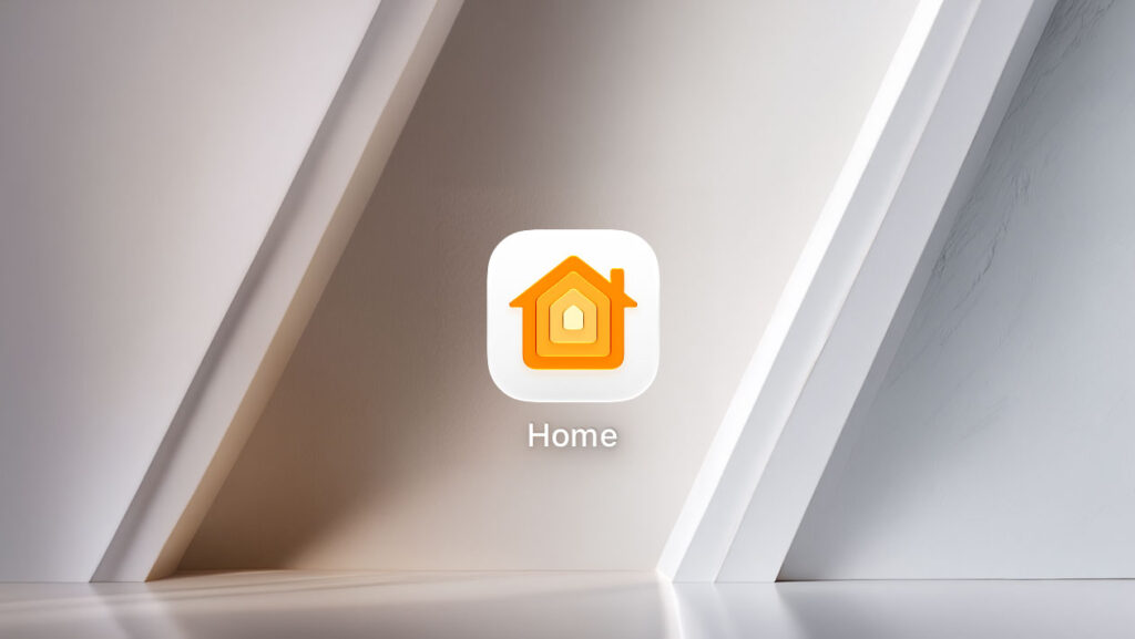 Auf einem iPhone zeigt die Apple Home App für ein Yamaha-Gerät 0,03 kW Leistung, mit Raum Wohnzimmer sowie Schaltern für Home-Ansicht und Favoriten.