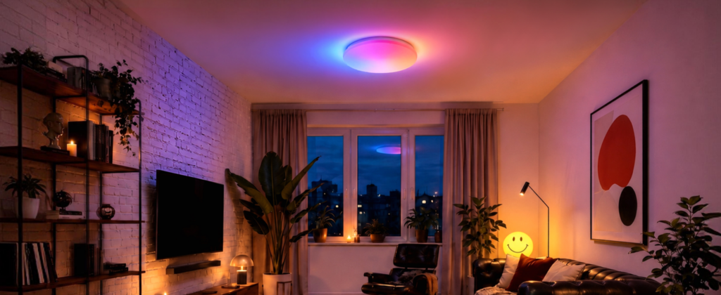 Eine moderne Wohnzimmerszene mit farbig leuchtender Deckenlampe, Pflanzen, dunklem Sofa und warmem Abendlicht vor einem Fenster in einer stilvollen Wohnung.