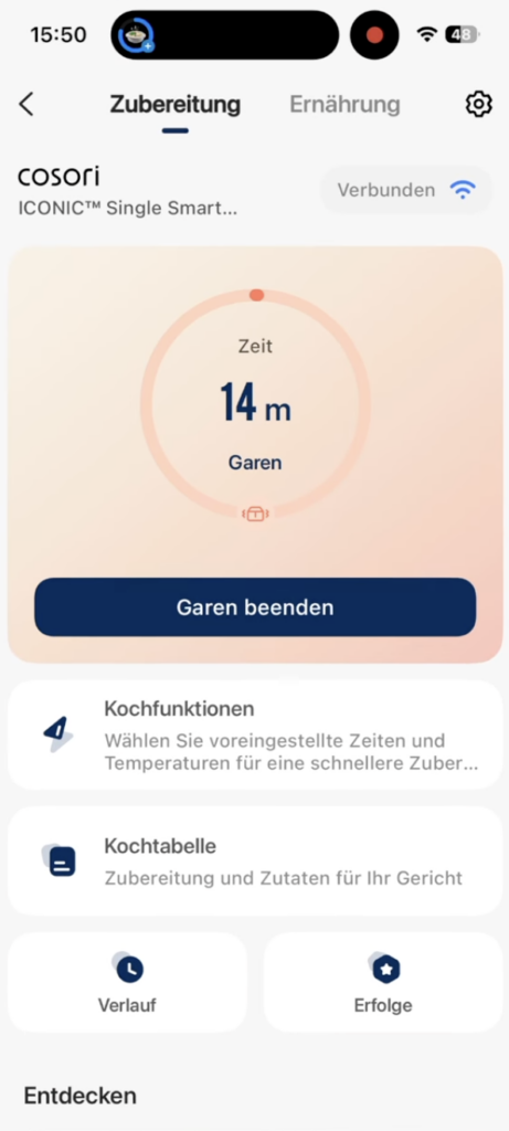 Die COSORI ICONIC Single App zeigt einen laufenden Garvorgang mit 14 Minuten Restzeit, verbundenem Gerät und der Schaltfläche „Garen beenden“.