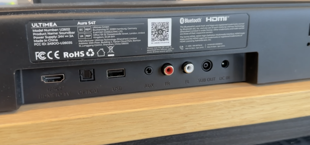 Die Rückseite der Ultimea Aura S4T zeigt HDMI-ARC, Optical, USB sowie AUX-, FR-, FL- und Sub-Out-Anschlüsse.